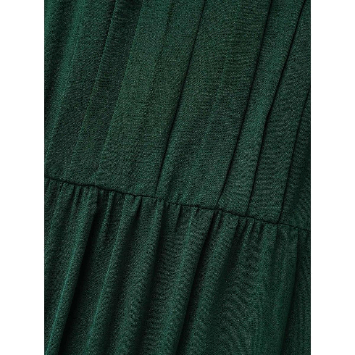 Plus Size Plain Notched Pleated Midi Dress DarkGreen Women At the Office Pleated Flat collar Long Sleeve Curvy BloomChic 10/M Product Image