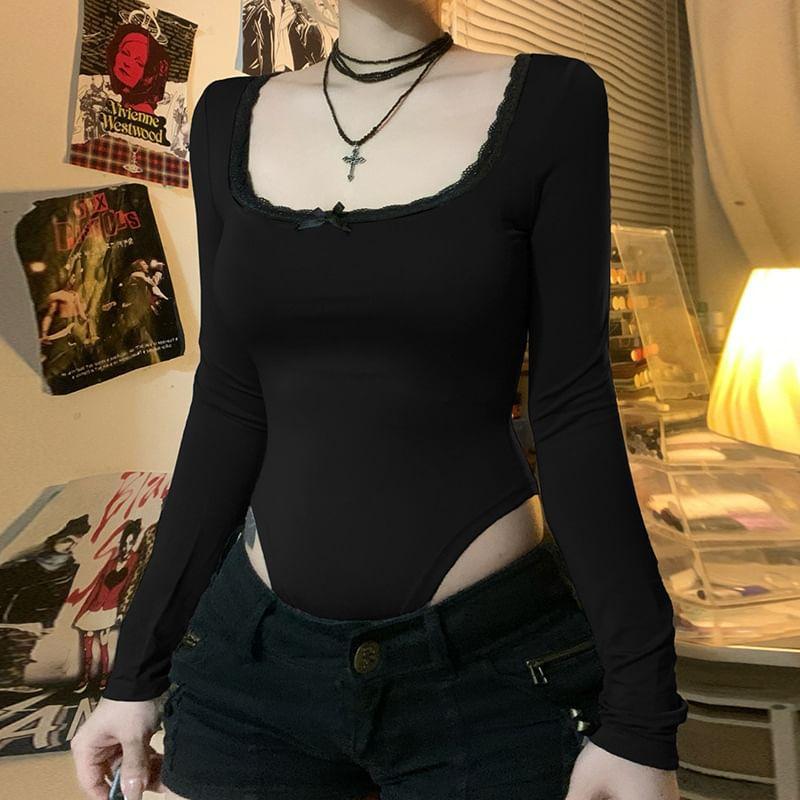 Long Sleeve Square Neck Plain Lace Trim Bowknot Bodysuit Top Product Image