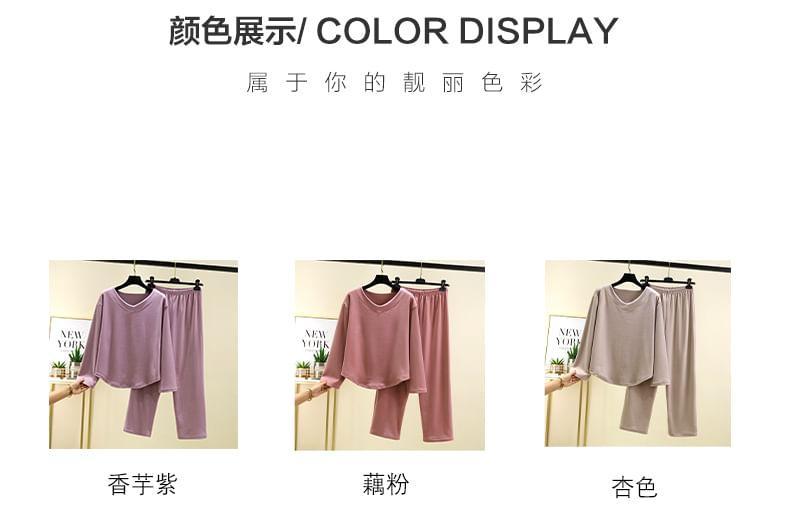 Pajama Set: Long-Sleeve V-Neck Plain T-Shirt + Elastic Waist Pants Product Image