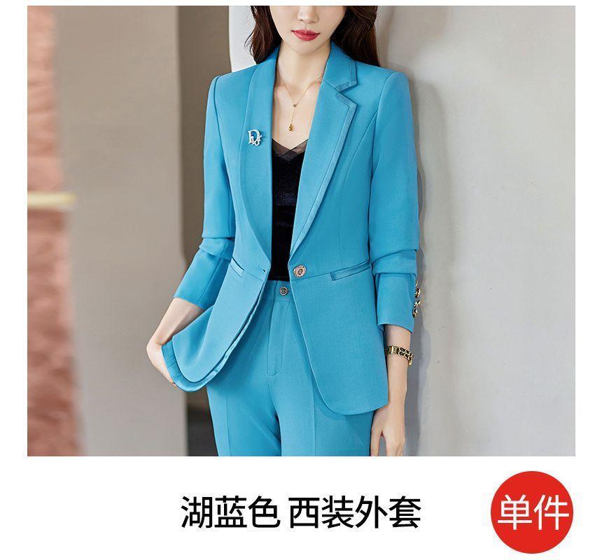 Notch Lapel Plain Asymmetrical Single Breasted Blazer / High Rise Cropped Straight Leg Suit Pants / Set Product Image