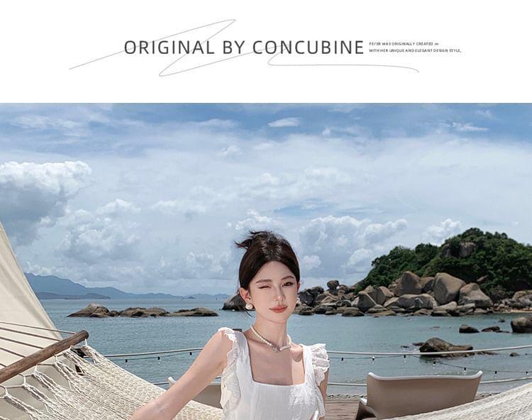 Sleeveless Square Neck Plain Ruffle Panel Maxi A-Line Dress Product Image