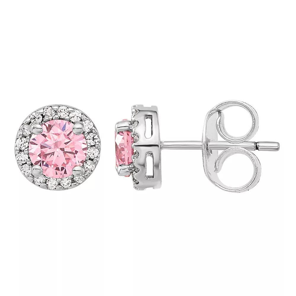 Diamonore Sterling Silver Pink & White Cubic Zirconia Halo Stud Earrings, Women's Product Image