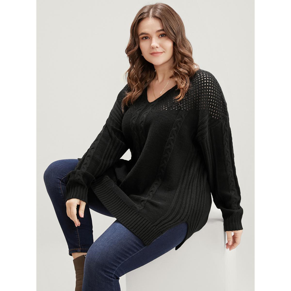 Plus Size Solid Pointelle Knit Cut Out Split Hem Cable Knit Top Black Women Casual Loose Long Sleeve V-neck Dailywear Pullovers BloomChic 10/M Product Image
