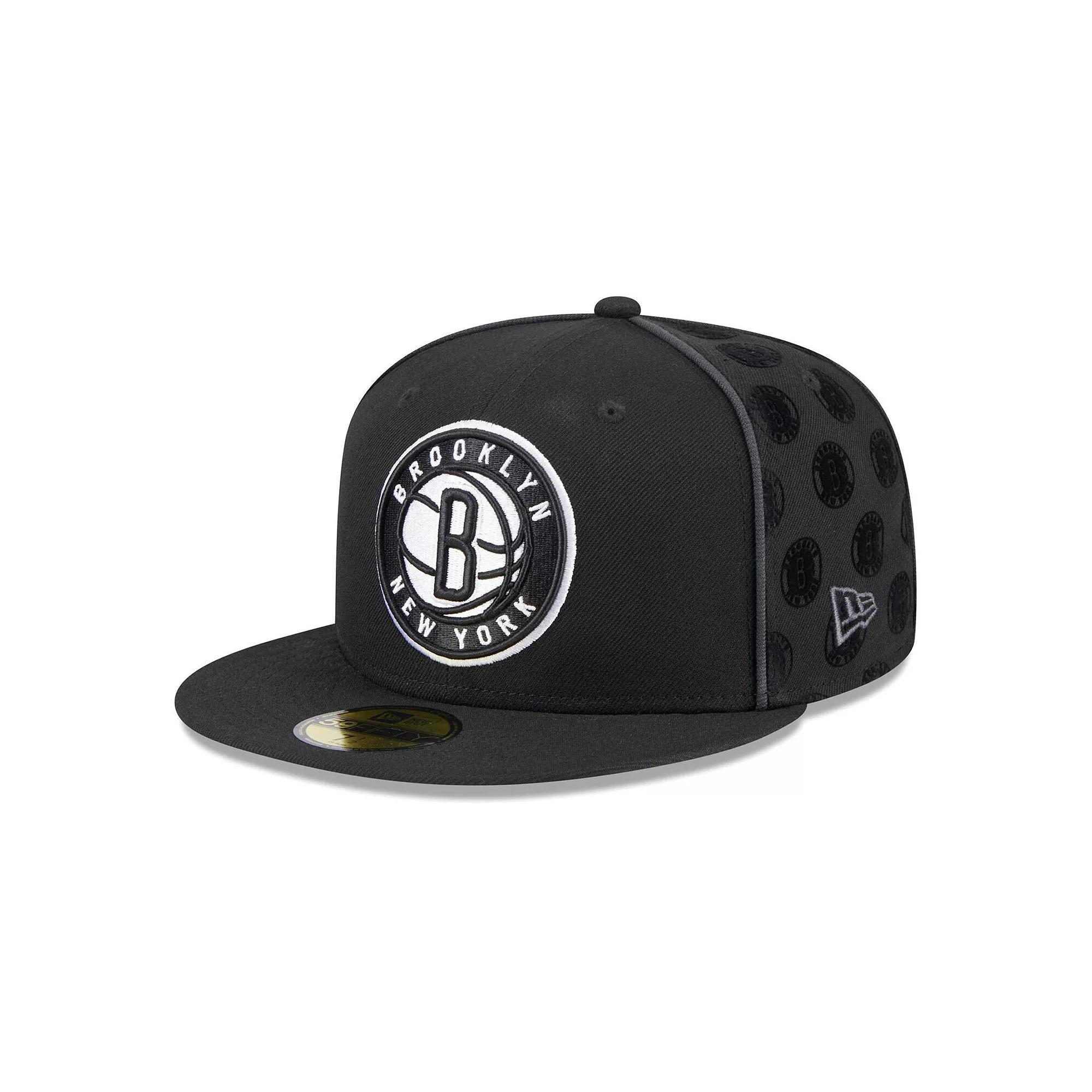 Men's New Era Black Brooklyn Nets Piped & Flocked 59Fifty Fitted Hat, Size: 7 1/4 Product Image