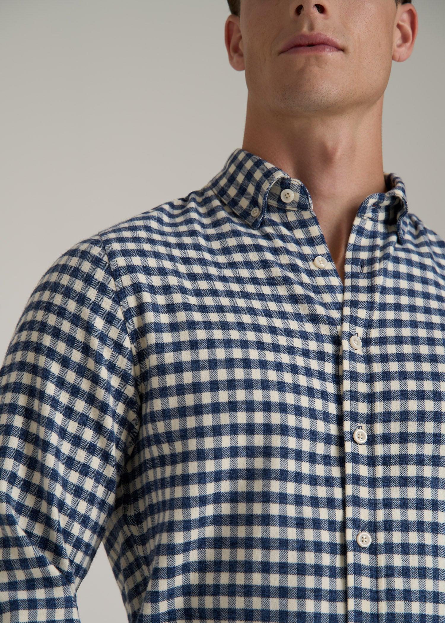 Midweight Brushed Flannel Button Shirt for Tall Men in Blue and Ecru Gingham Product Image