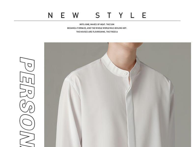 Long Sleeve Band Collar Plain Shirt Product Image
