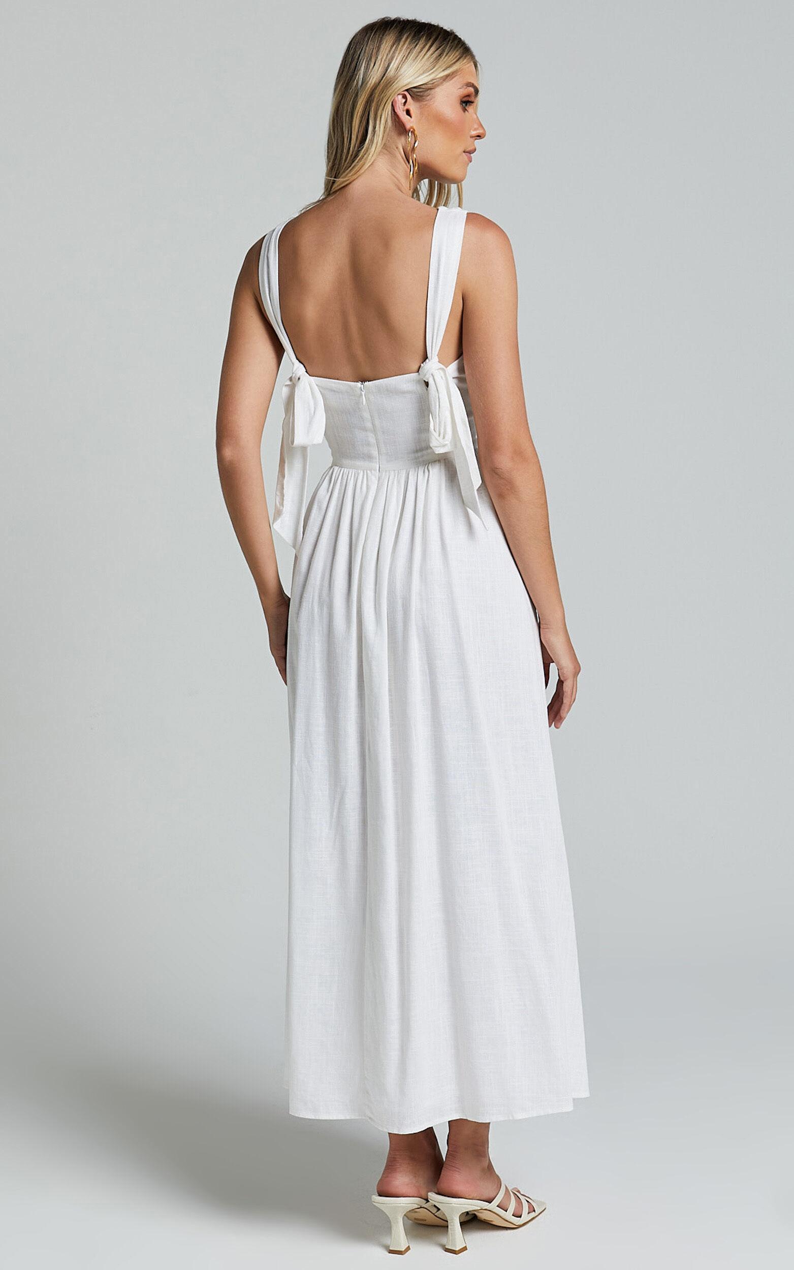 Amalie The Label - Chamika Linen Blend Bustier Double Tie Back Midi Dress in White Product Image