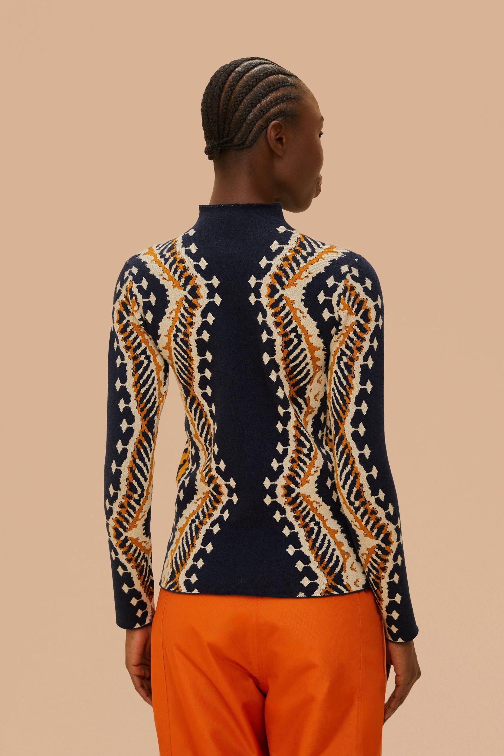 Black Stripes Ikat Long Sleeve Knit Top, STRIPES IKAT / L Product Image