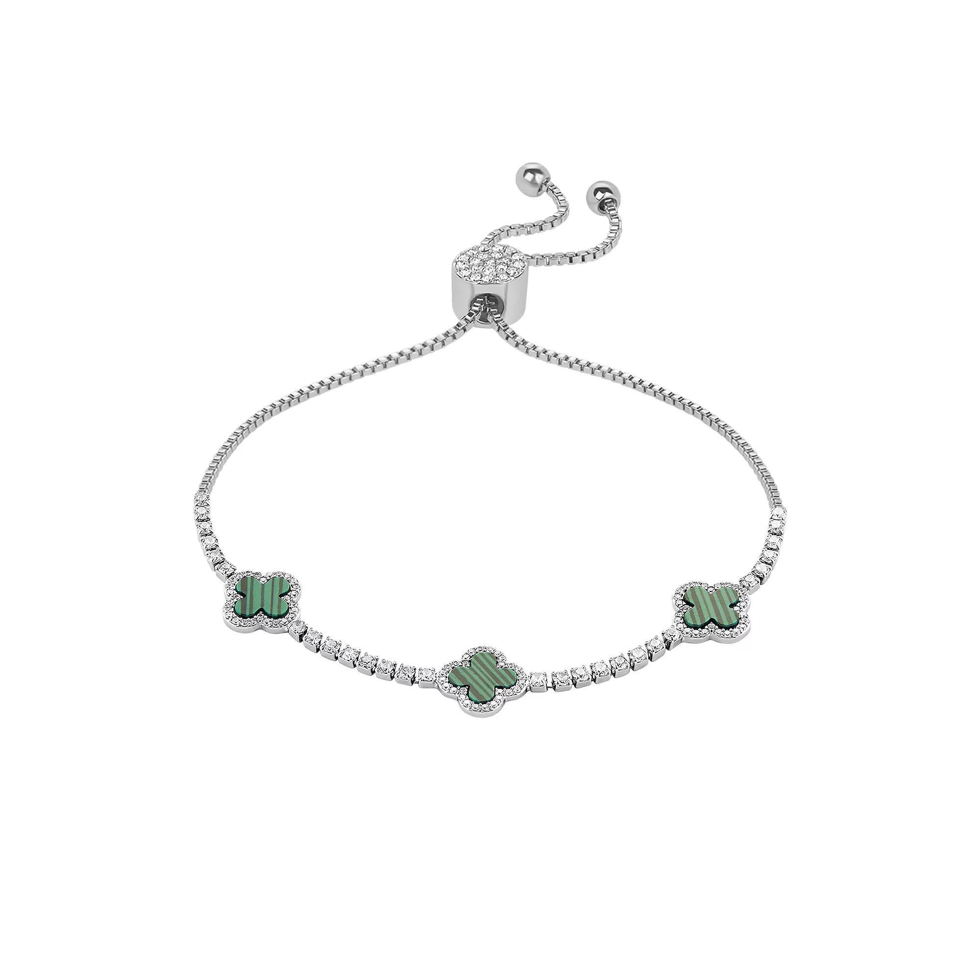 Brilliance Fine Silver Plated Cubic Zirconia and Stone Triple Clover Slider Bracelet, Women's, Size: 4-10" ADJ, Silver Tone Green Product Image