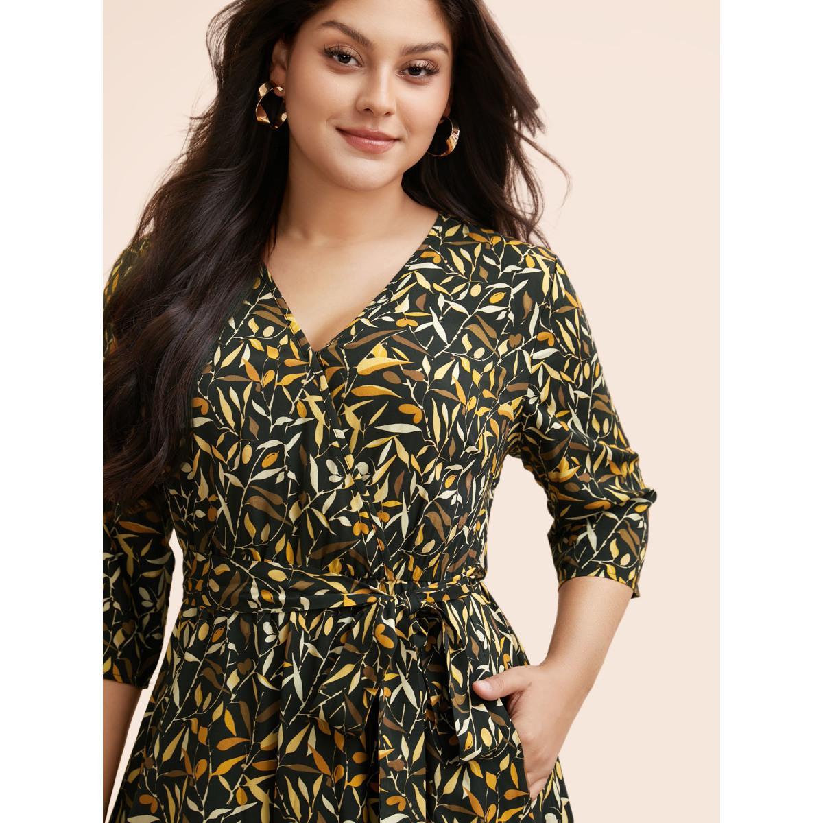 Plus Size Plants Print Overlap Collar Midi Dress Black Women Elegant Belted Overlap Collar Elbow-length sleeve Curvy BloomChic 26/4X Product Image