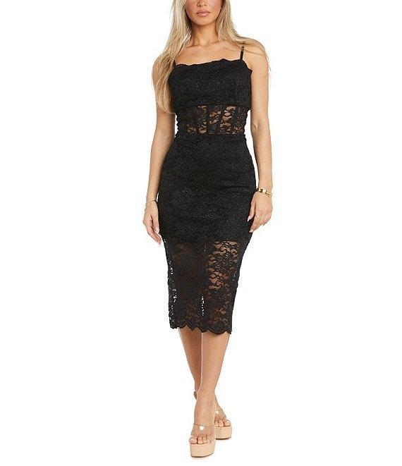 Morgan & Co. Stretch Lace Spaghetti Strap Corset Midi Dress Product Image