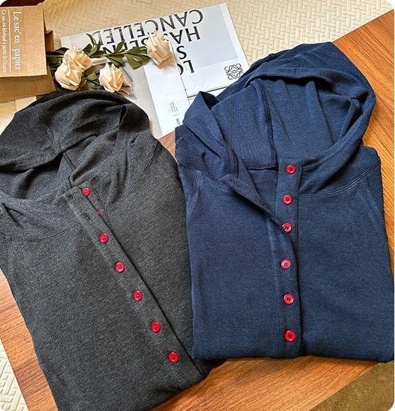 Long Sleeve Henley Plain Hood T-Shirt Product Image