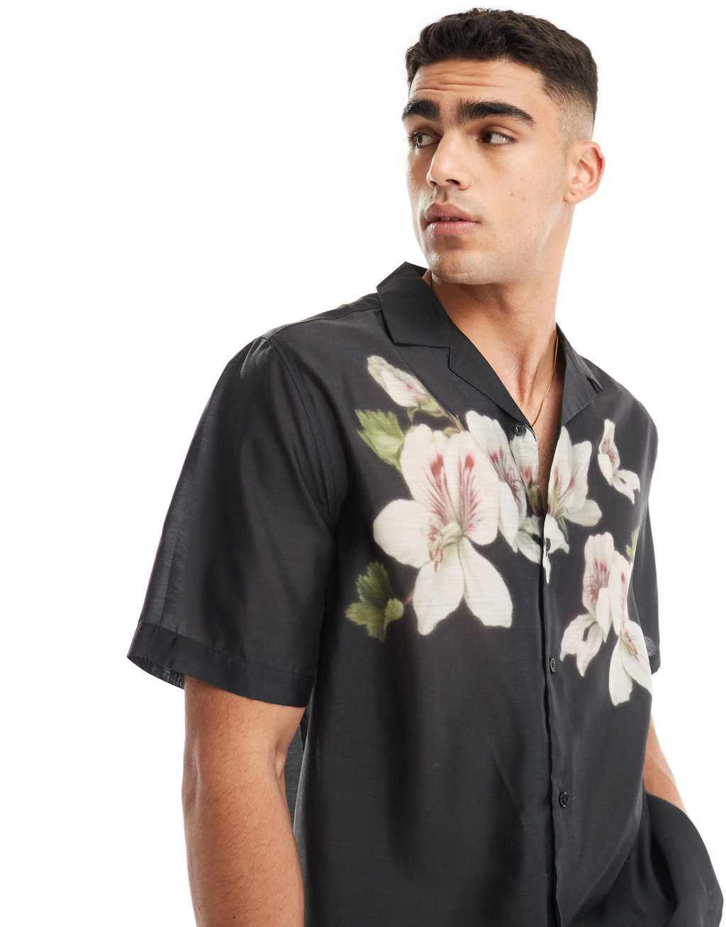 ASOS DESIGN relaxed revere shirt with blurred floral print in black  Product Image