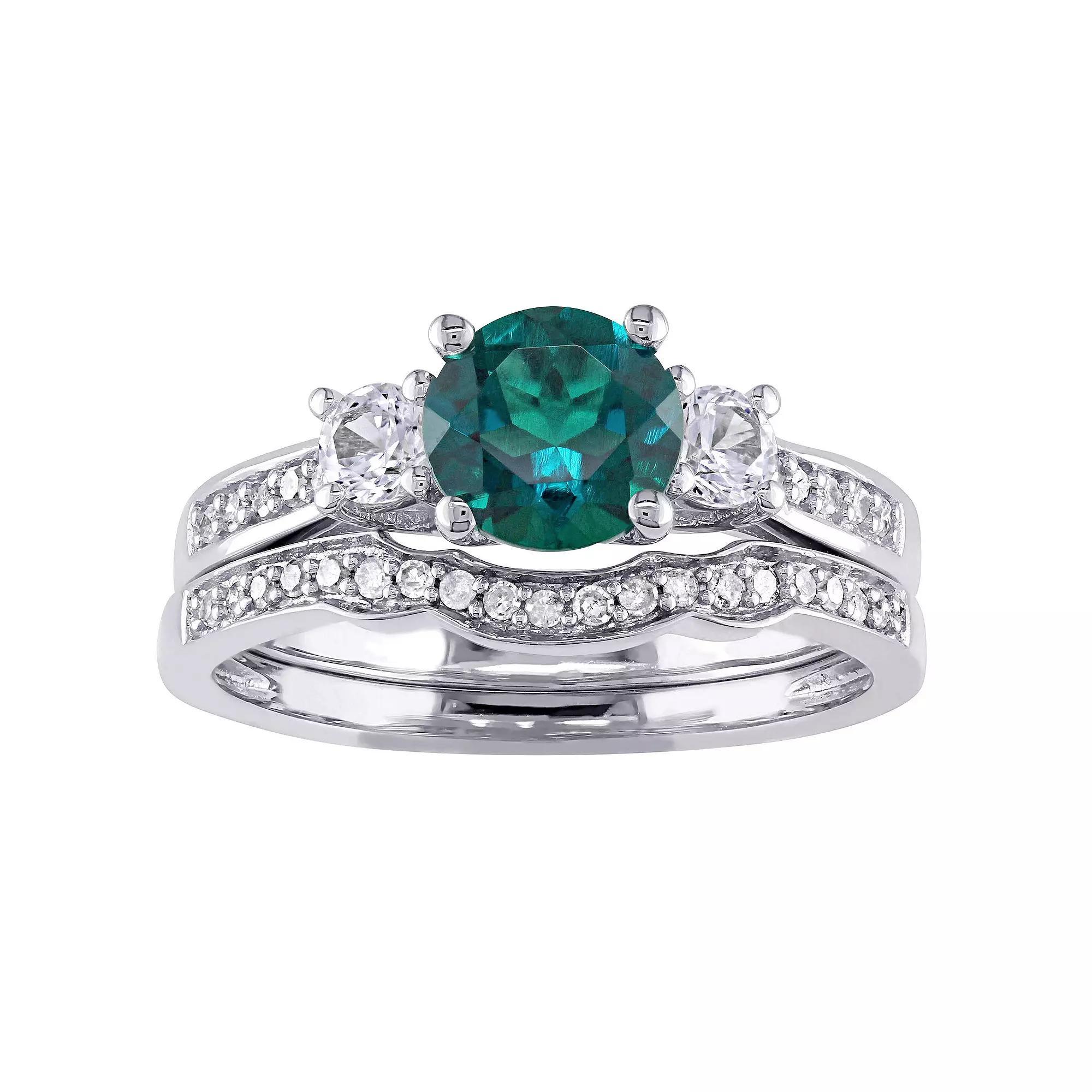 Stella Grace 10k White Gold Lab-Created Emerald, White Sapphire & 1/6 Carat T.W. Diamond Engagement Ring Set, Women's, Size: 5 Product Image