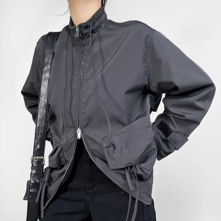 Stand Collar Plain Drawstring Zip Jacket Product Image