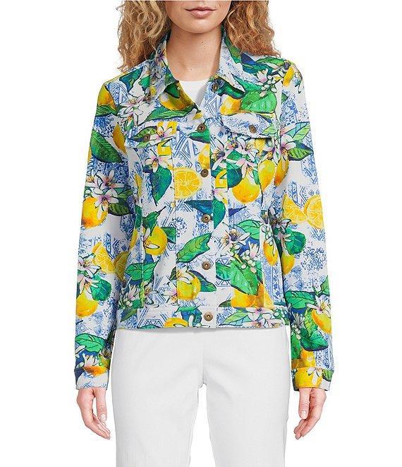 Ali Miles Lemon Fruit Print Point Collar Button Front Jacket Product Image