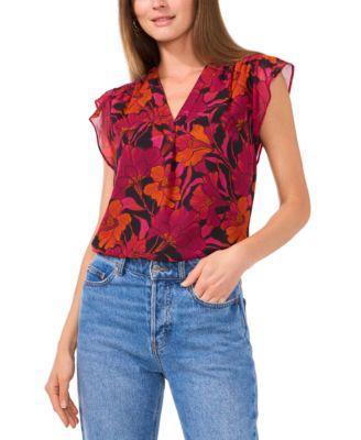 Vince Camuto Womens Floral V-Neck Flutter-Sleeve Top Product Image