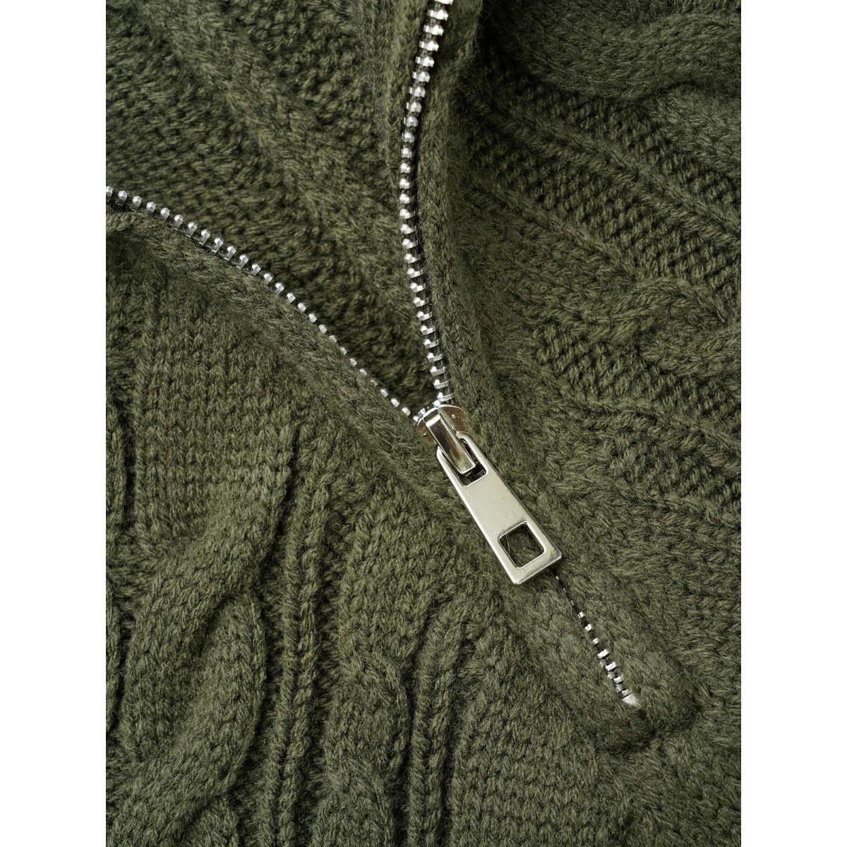 Plus Size Asymmetrical Neck Cable Knit Zipper Pullover ArmyGreen Women Casual Loose Long Sleeve Asymmetrical Neck Everyday Pullovers BloomChic 10/M Product Image