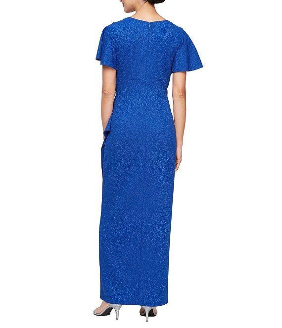 Ignite Evenings Short Flutter Sleeve V-Neck Glitter Knit Empire Embellished Waist Faux Wrap Maxi Dress Product Image
