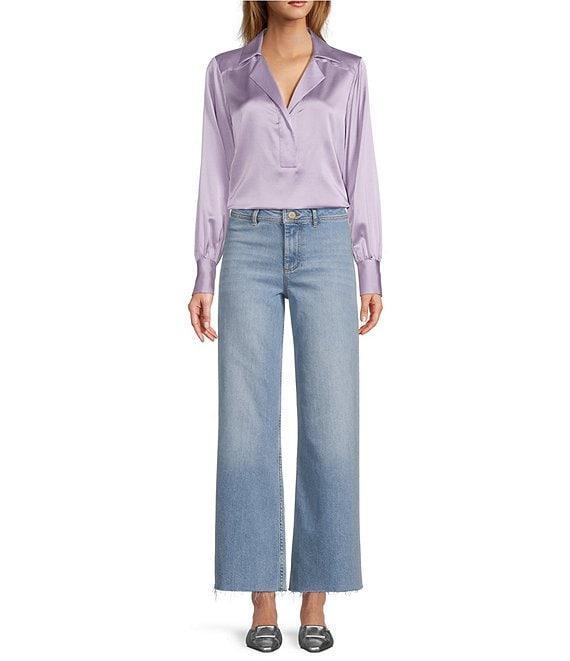 Antonio Melani Violet Silk Notch Collar V-Neck Long Blouson Sleeve Blouse Product Image