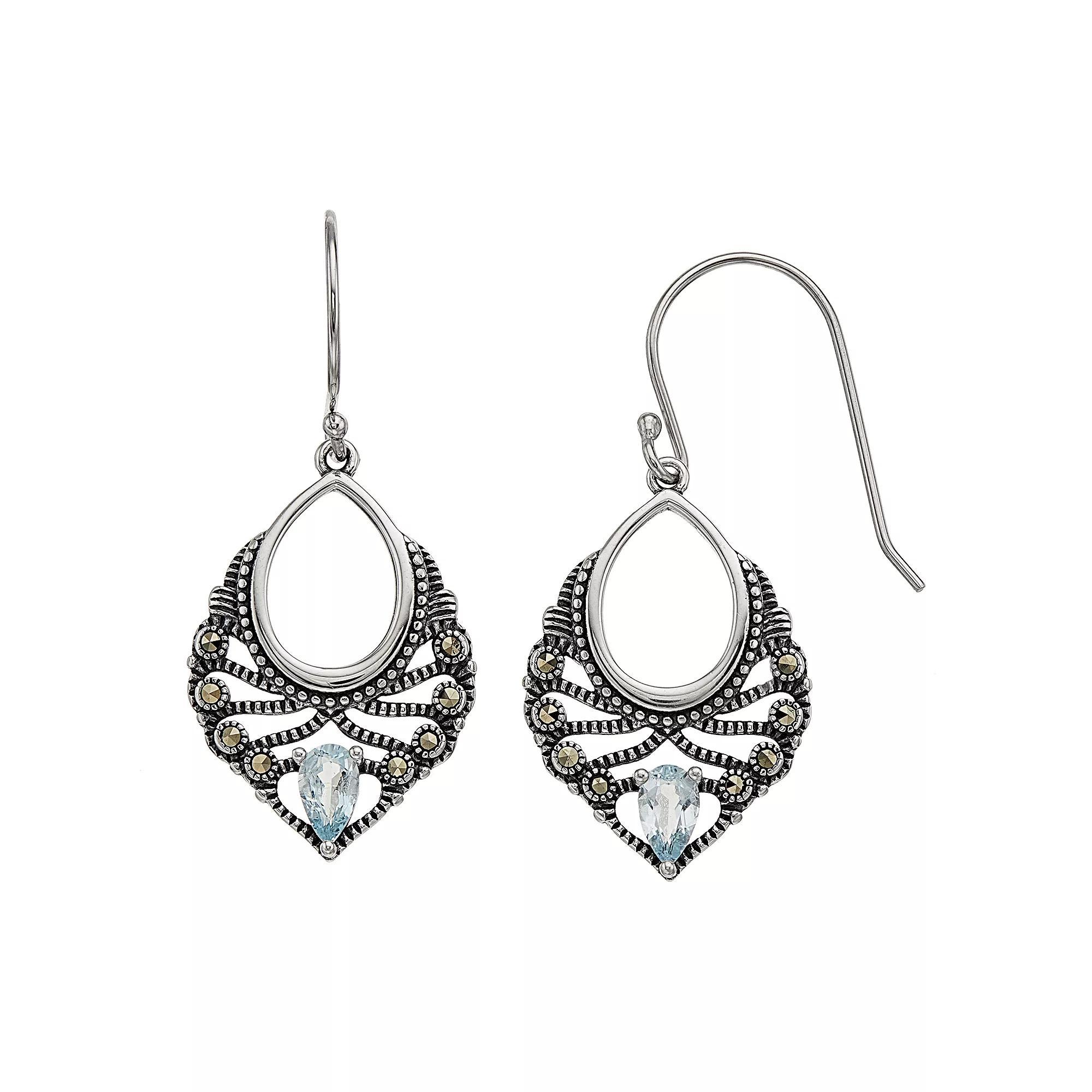 Tori Hill Sterling Silver Blue Topaz & Marcasite Pear-Shaped Earrings, Women's Product Image
