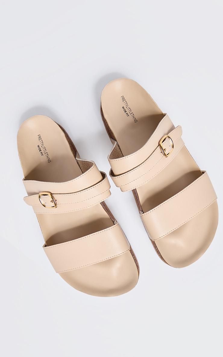Cream PU Wide Fit Round Toe Double Strap Flat Sandals Product Image