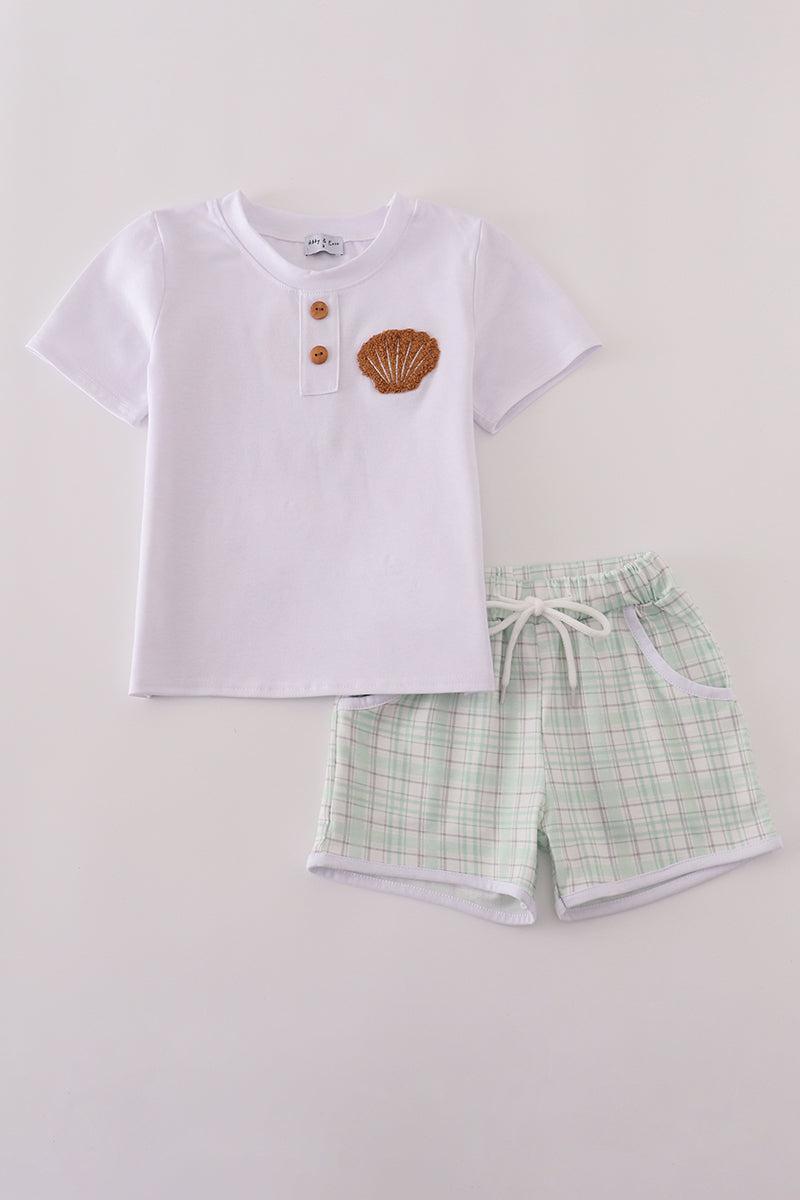 Blue sailboats embroidery smocked shorts set Product Image