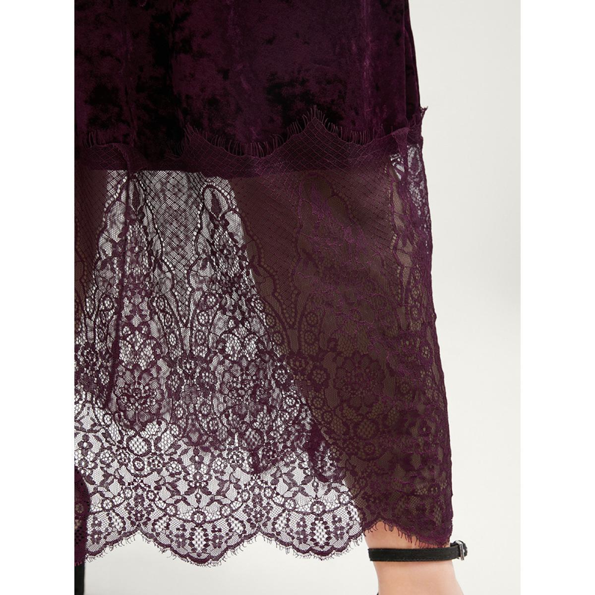 Plus Size Solid Pocket Contrast Lace Scalloped Trim Belted Velvet Dress Eggplant Women Glamour Belted V-neck Elbow-length sleeve Curvy Long Dress BloomChic 12/L Product Image
