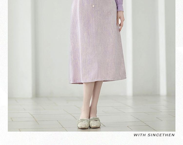 Long-Sleeve Collar Bow Midi A-Line Dress Product Image