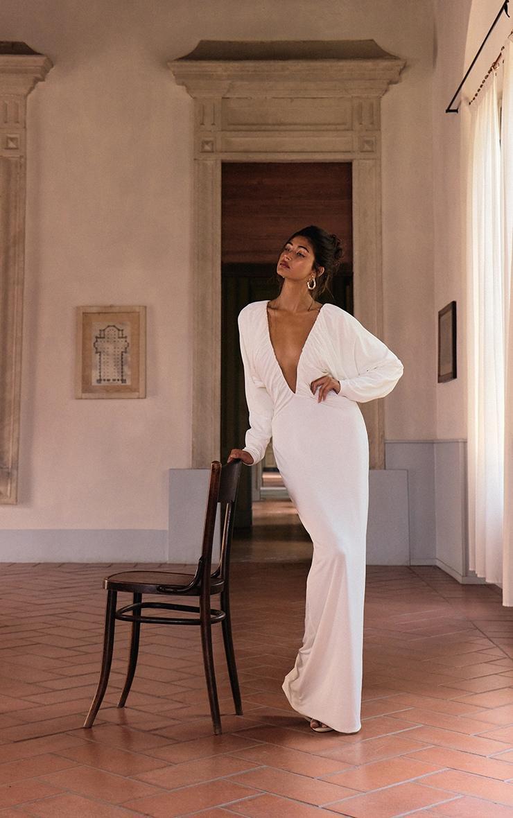 PLT Label White Slinky Ruched Plunge Batwing Maxi Dress Product Image