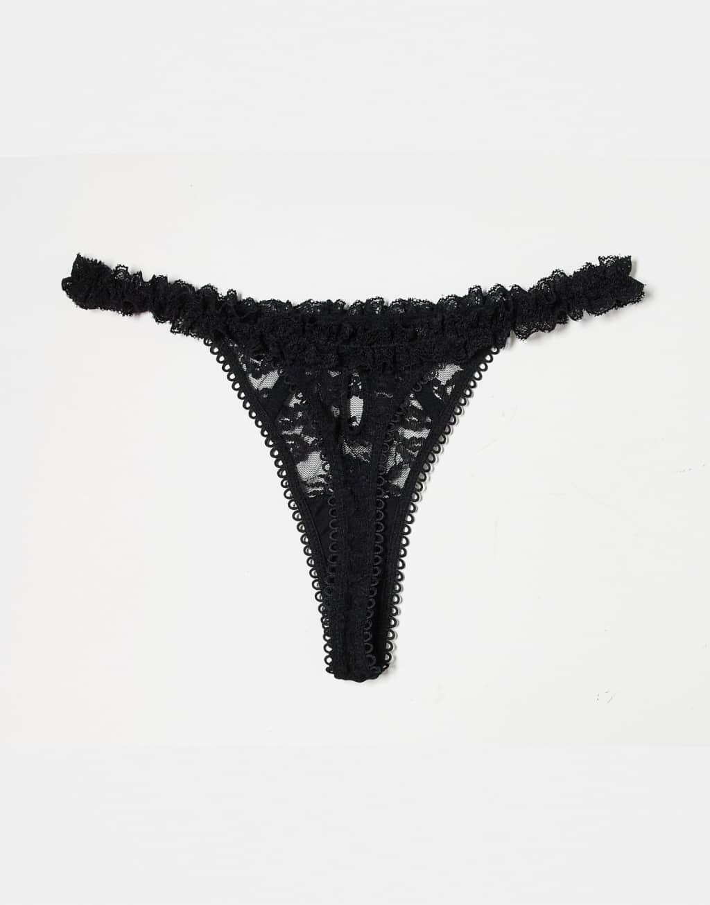 ASOS DESIGN 3 pack vintage ruffle thong in caramel, chocolate & black Product Image