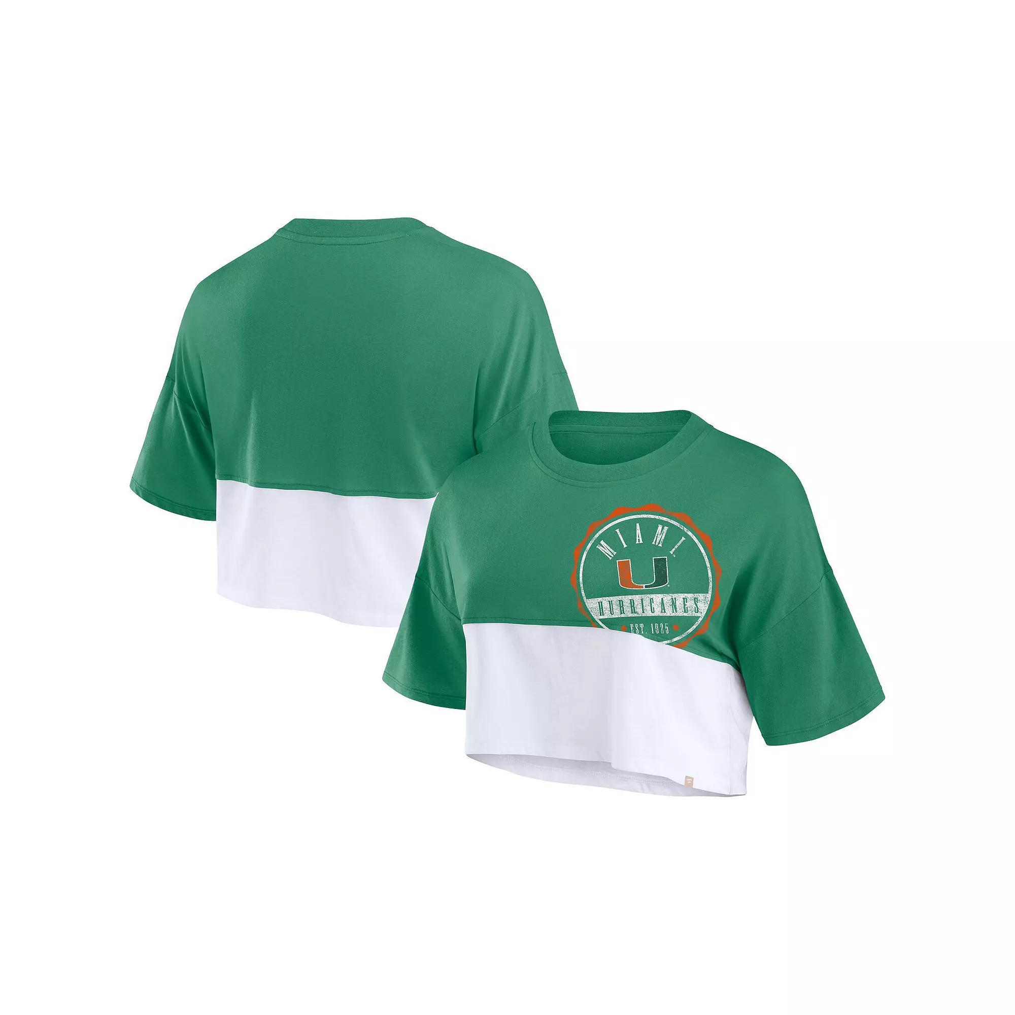 Women's Fanatics Branded Green/White Miami Hurricanes Oversized Badge Colorblock Cropped T-Shirt, Size: Large Product Image