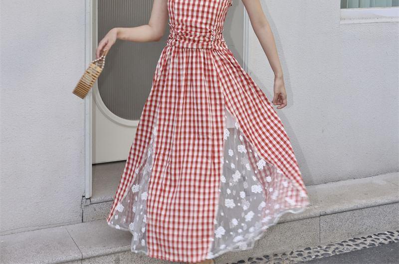 Strapless Gingham Lace Panel Ruched Maxi A-Line Dress Product Image