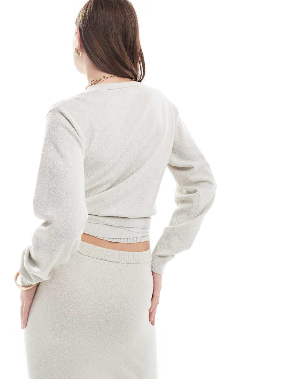 Pretty Lavish boucle knit wrap top in stone - part of a set Product Image