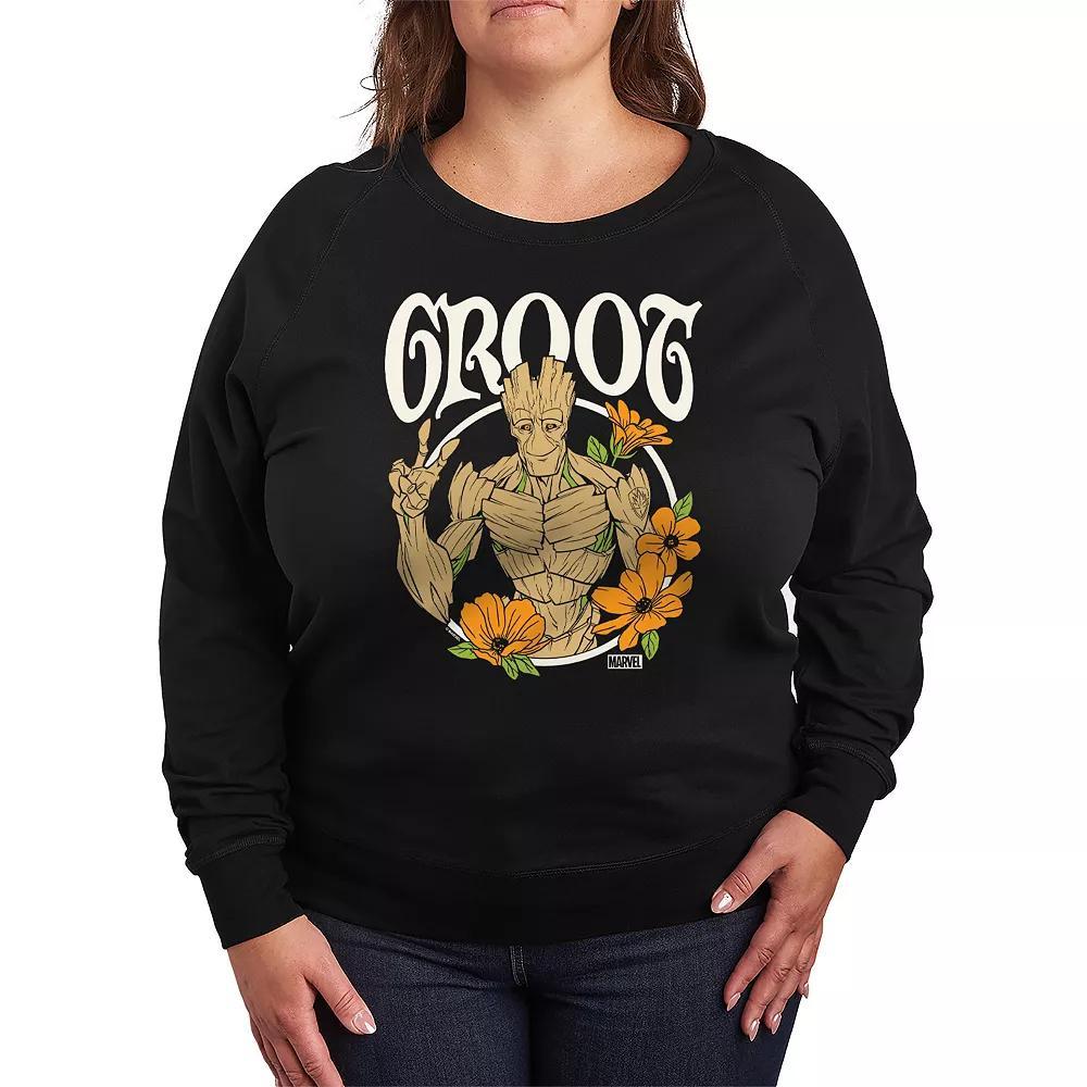 Plus Size Guardians of the Galaxy Groot Peace Flowers French Terry Long Sleeve Tee, Womens Product Image