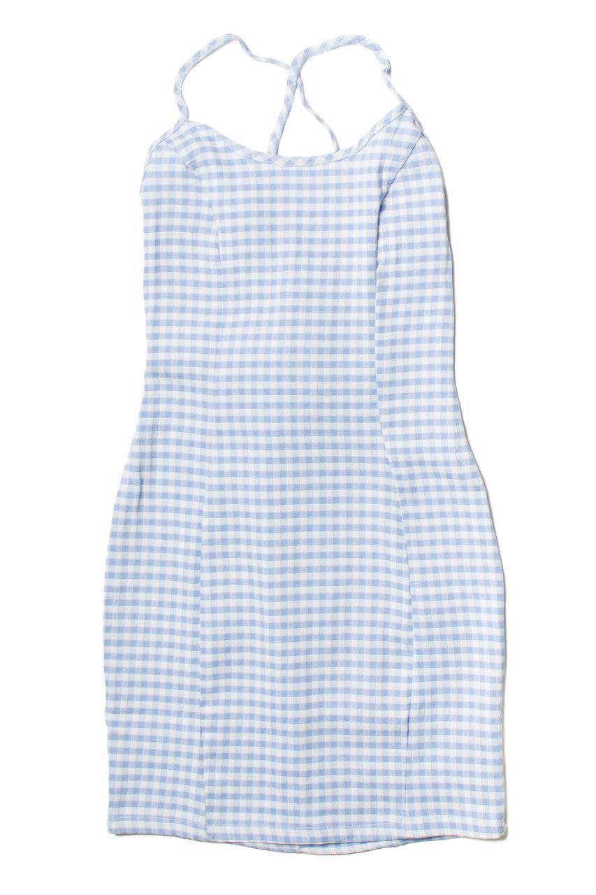 Blue Gingham Lace Up Back Mini Dress Product Image