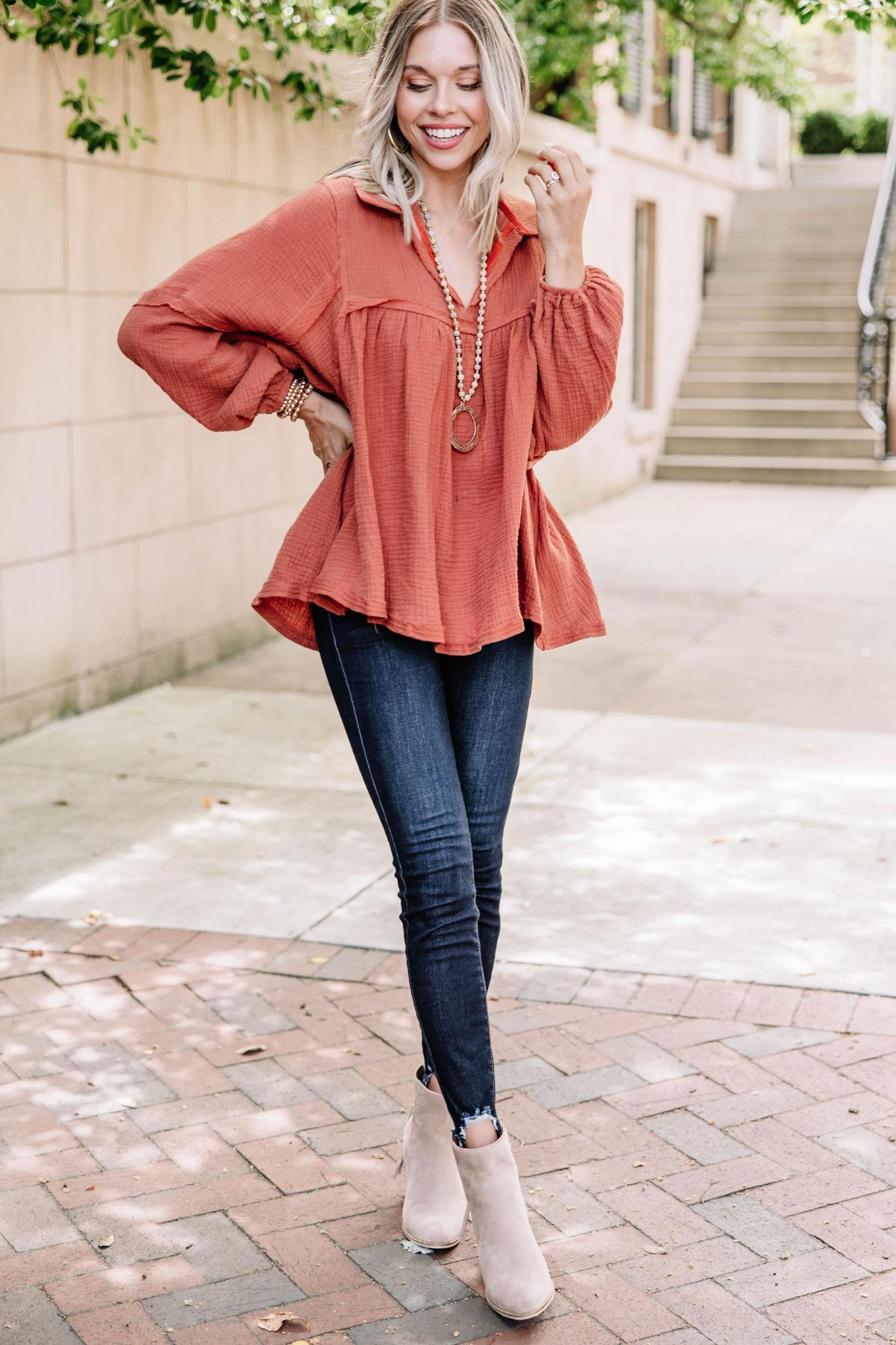 Love Life Rust Orange Babydoll Top Female Product Image