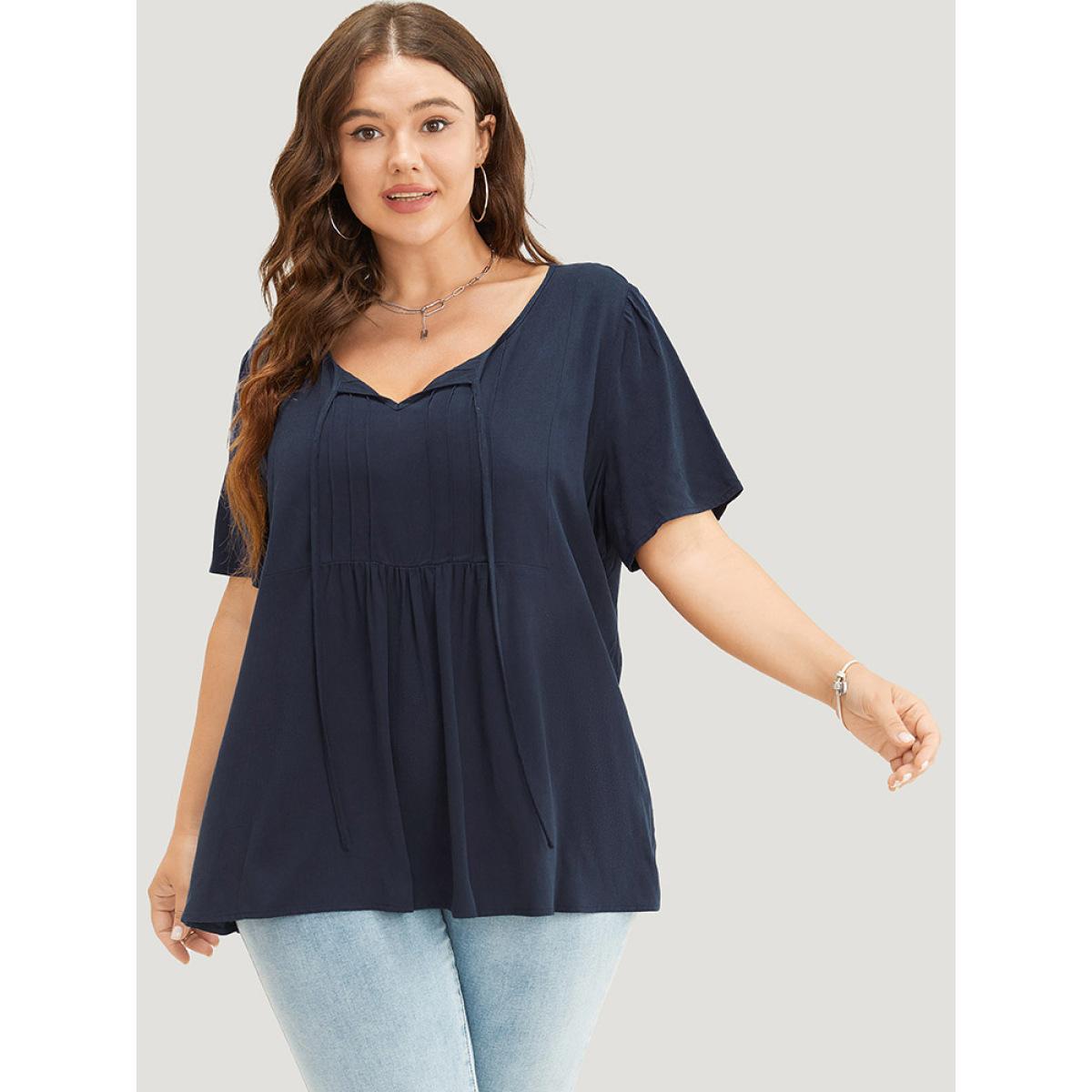 Plus Size Indigo Solid Pleated Detail Tie Neck Ruffle Blouse Women Office Short sleeve Tie Neck Dailywear Blouses BloomChic 22-24/3X Product Image