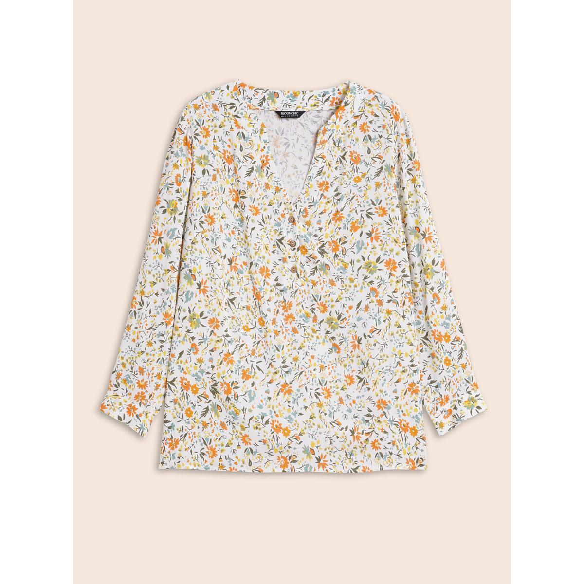 Plus Size WhiteSmoke Floral Notched Gathered Cuff Blouse Women Elegant Long Sleeve Flat collar with V-notch Everyday Blouses BloomChic 18-20/2X Product Image