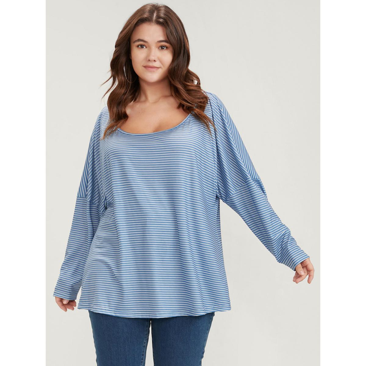 Plus Size Striped Print Scoop Neck Long Tee Blue Women Casual Striped Scoop Neck Loose Dailywear T-shirts BloomChic 30/6X Product Image