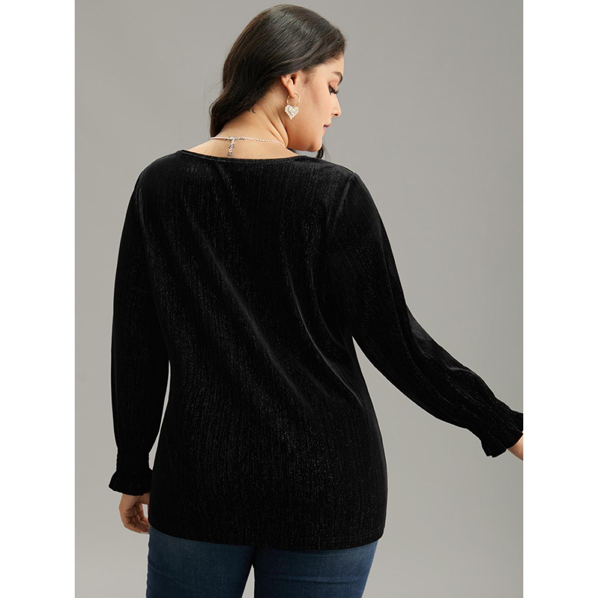 Plus Size Black Solid Velvet Glitter Shirred Ruffles Blouse Women Glamour Long Sleeve V-neck Going out Blouses BloomChic 18-20/2X Product Image