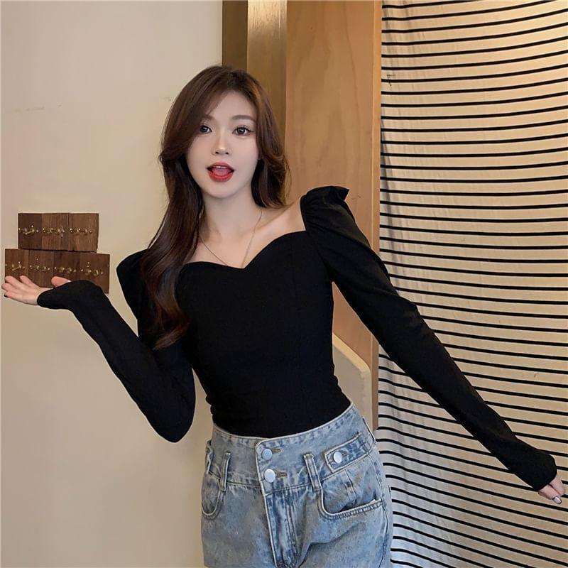 Long-Sleeve Sweetheart Neck Plain Slim Fit T-Shirt Product Image
