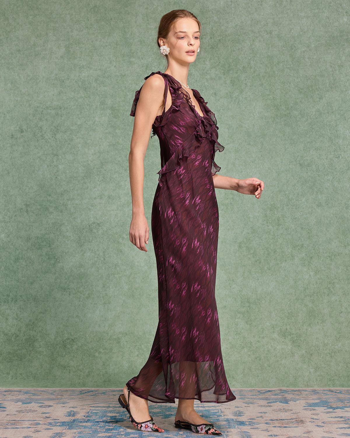 Purple Floral Ruffle Slip Maxi Dress Product Image
