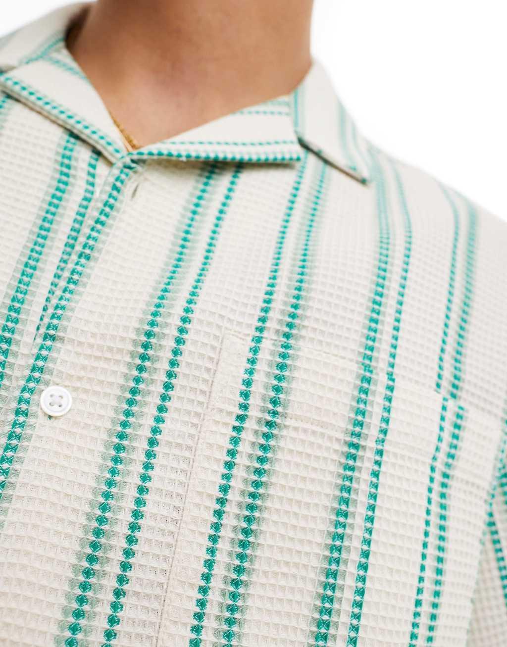 ASOS DESIGN oversized revere shirt in green waffle stripe Product Image