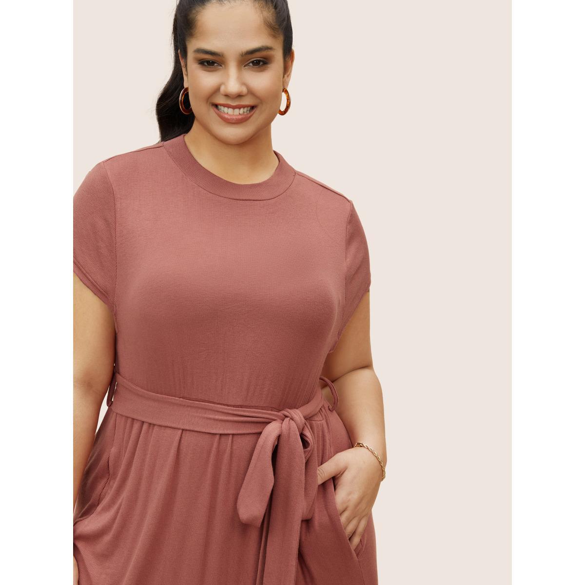 Plus Size Plain Belted Gathered Pit Strip Dress Coral Women Casual Gathered Round Neck Cap Sleeve Curvy BloomChic 26/4X Product Image