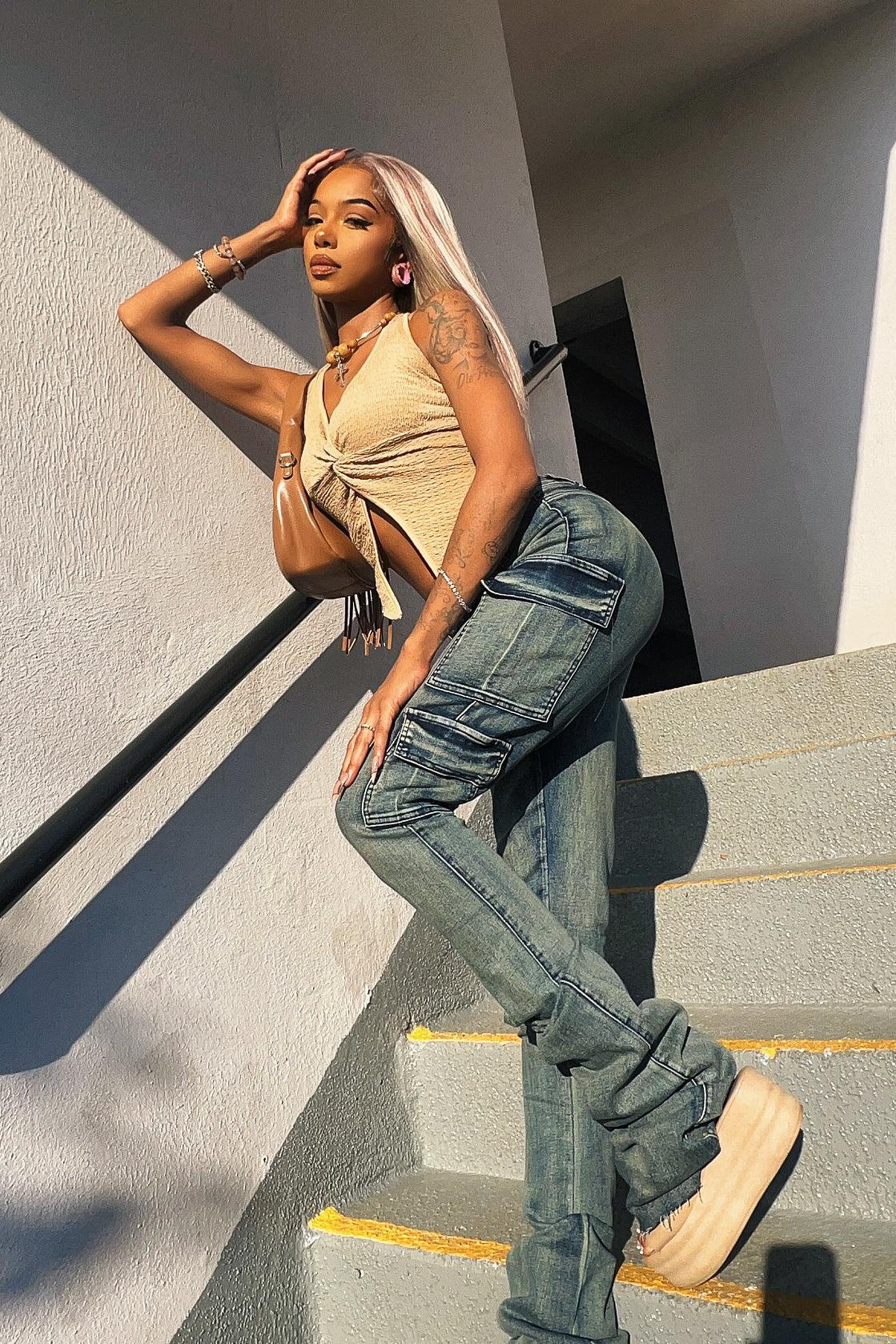 Vixen Tinted Dark Wash Cargo Super Stacked Pant Female Product Image