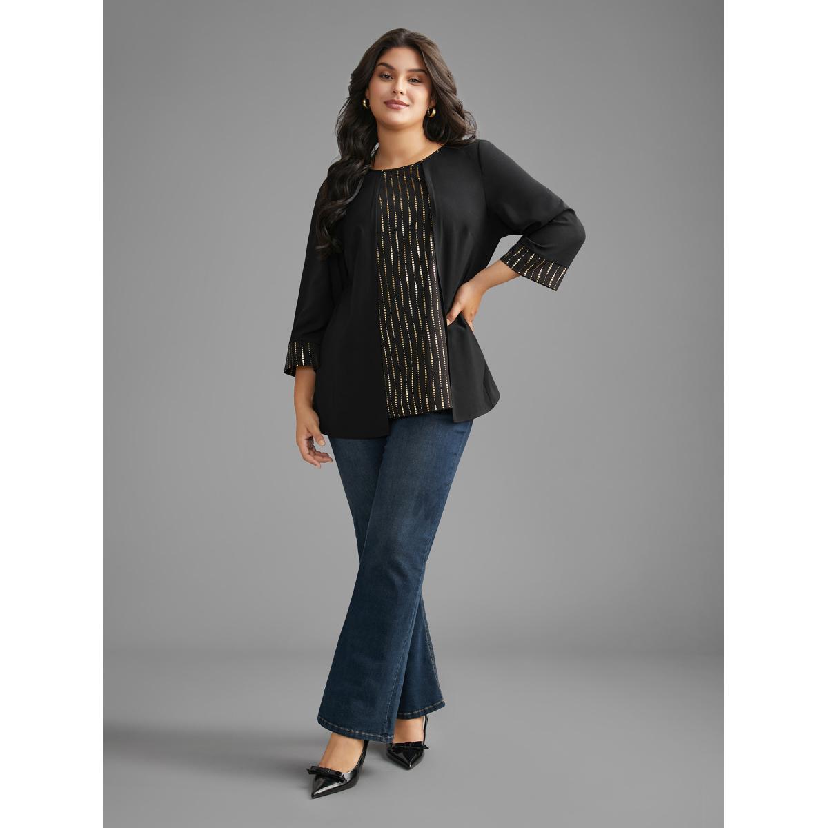 Plus Size Black Crew Neck Glitter Patchwork Contrast Blouse Women Cocktail Long Sleeve Round Neck Party Blouses BloomChic 22-24/3X Product Image