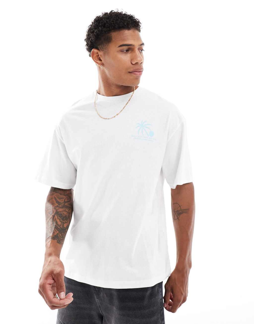 Jack & Jones oversized t-shirt with palm tree backprint in white Product Image
