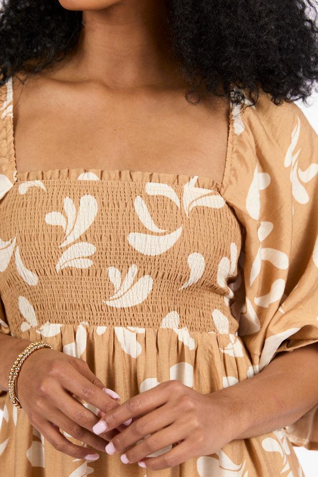 Swing Of Things Neutral Printed Smocked Midi Dress SALE Product Image