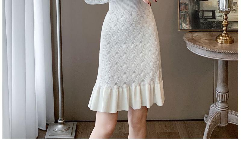 Long-Sleeve Notch Neck Plain Knit Mermaid Dress Product Image